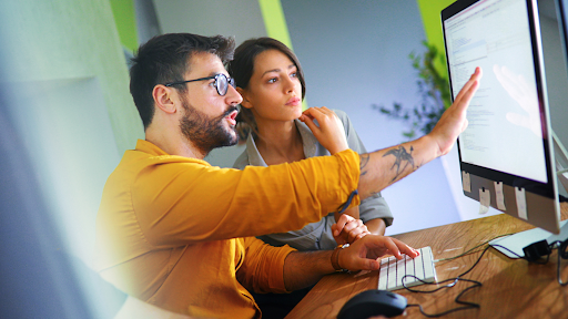 Two people looking at a computer screen.