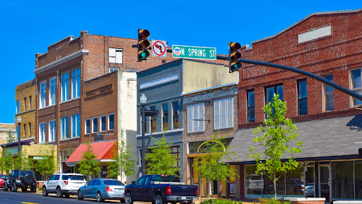 A city block with stores
